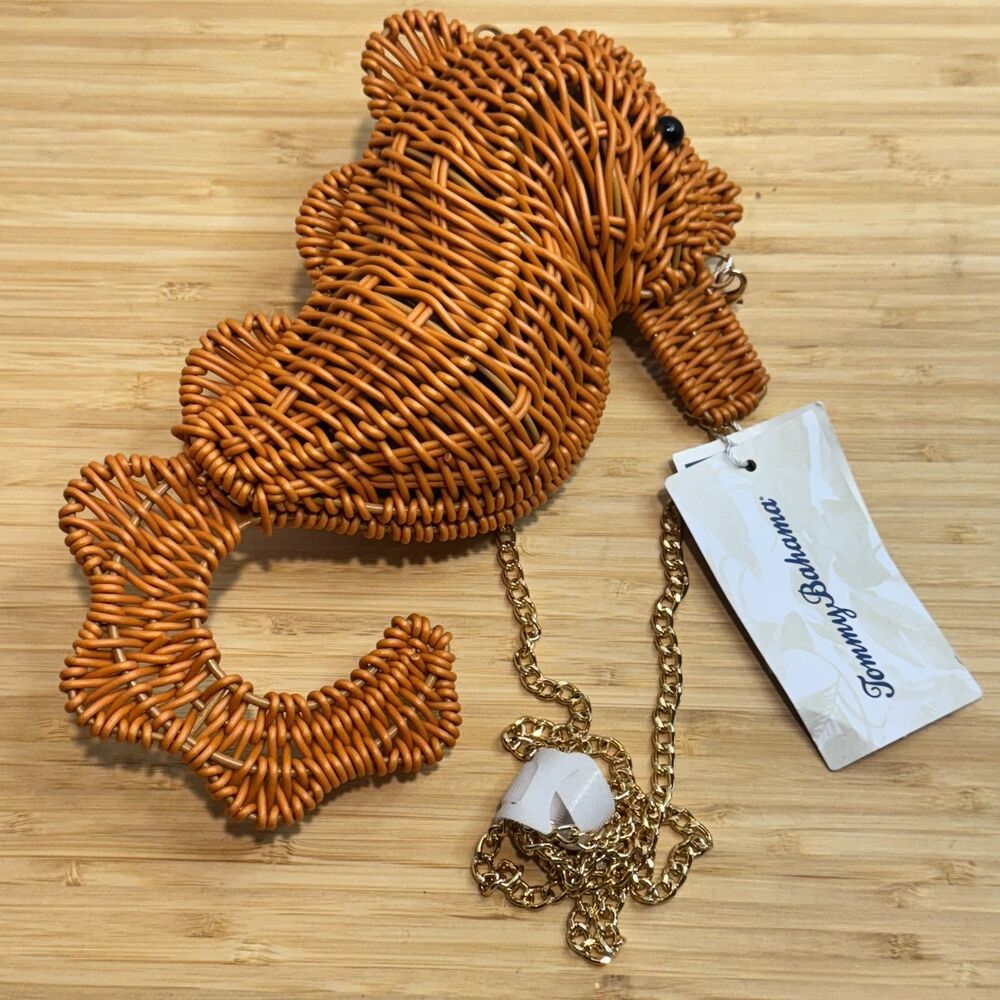 Tommy Bahama Seahorse Woven Rattan Crossbody Bag Gold Chain Natural NWT - Picture 5 of 9